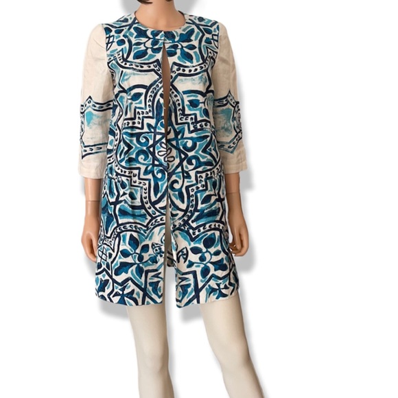 Chico's Tops - NWOT Chico’s linen pattern of blues watercolor jacket duster